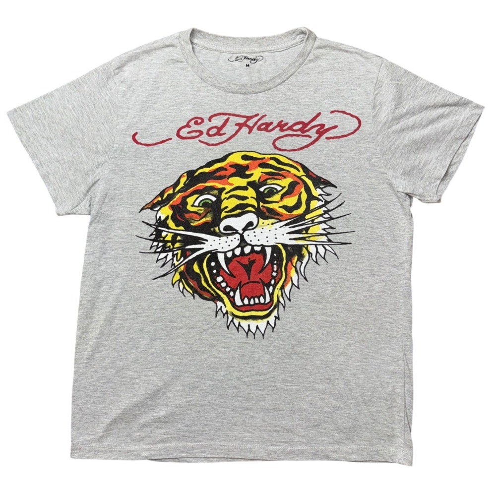 Ed‎ Hardy Mens Gray Tiger Graphic T-Shirt Medium Short Sleeve Crew Neck Tee